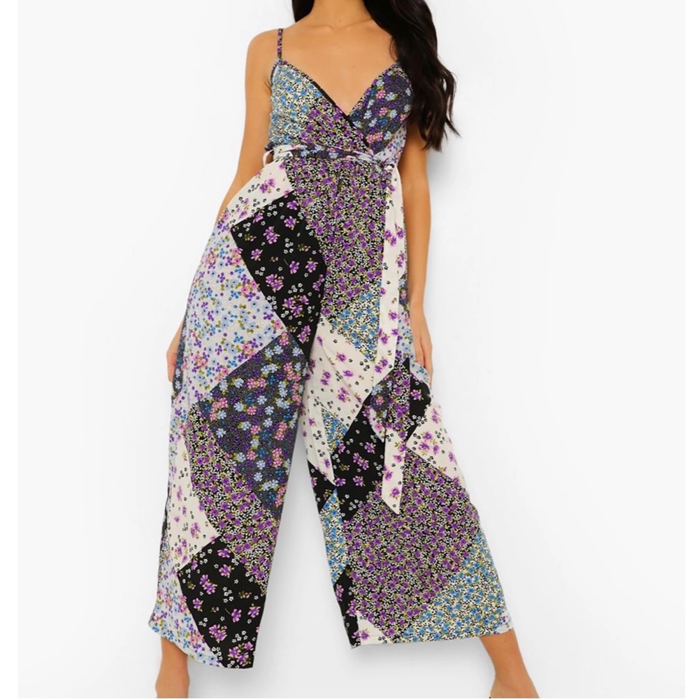 NEW Boohoo Sleeveless Mixed Floral Jumpsuit Patchwork Wide Leg Cropped